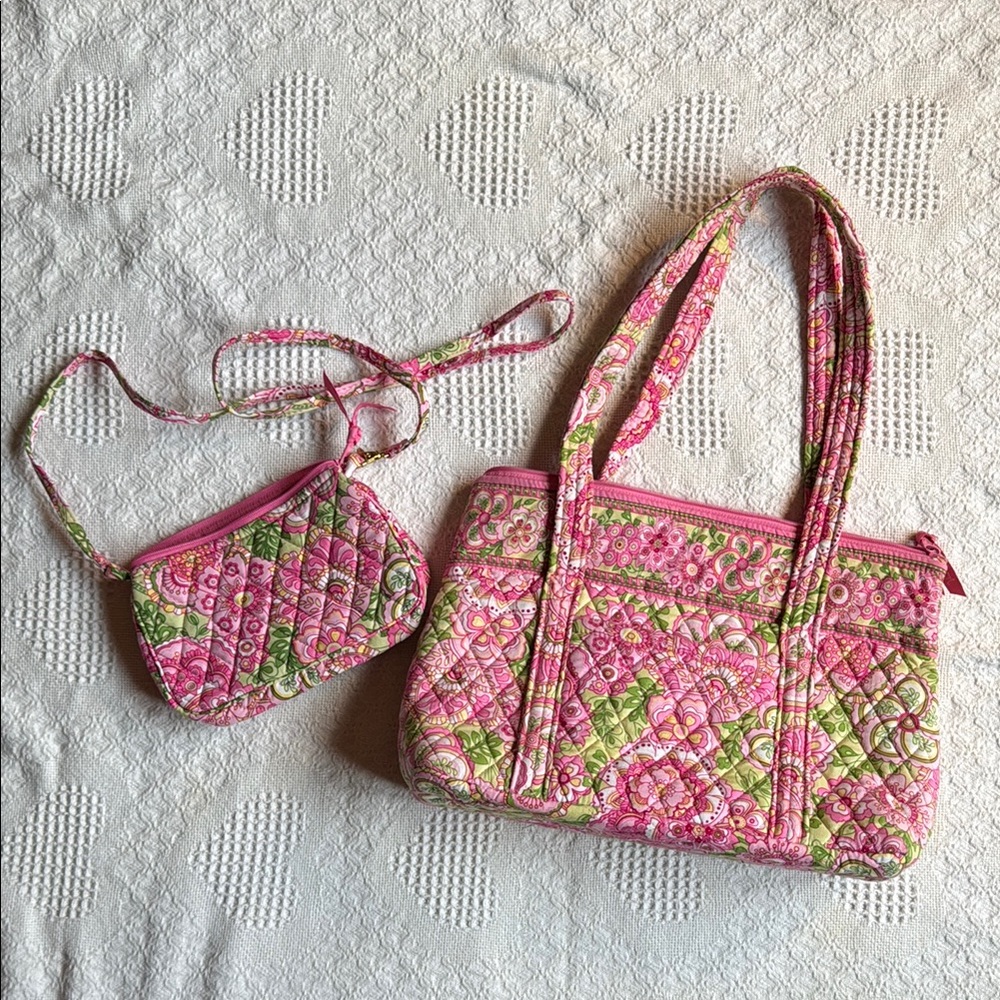 Floral Pink Quilted Tote and Crossbody Set